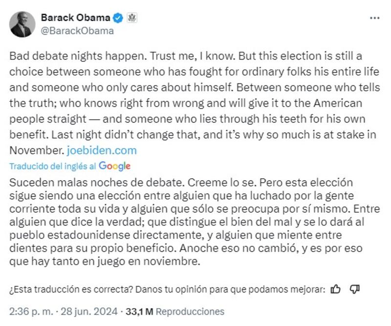 El demócrata Barack Obama admite como una "mala noche" la del debate entre Joe Biden y Donald Trump