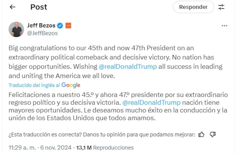 El mensaje de felicitaciones de Jeff Bezos a Trump generó miles de reacciones en X