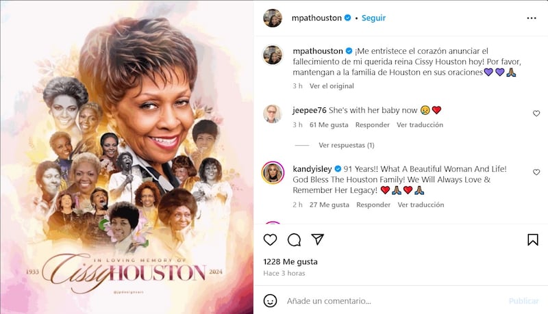 Pat Houston informó la muerte de su suegra, la cantante Cissy Houston