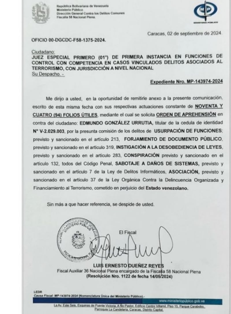 Orden de arresto contra Edmundo González